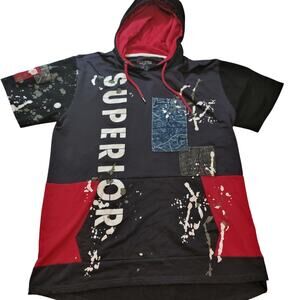 Encrypted Streetwear Short Sleeve Hoodie XL Red Black Paint Splatter Ripped